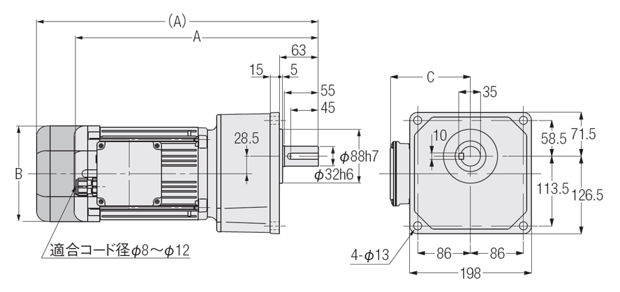Nissei G3K32S/G3K32N 1 HP AC Gear Motor Dimensions