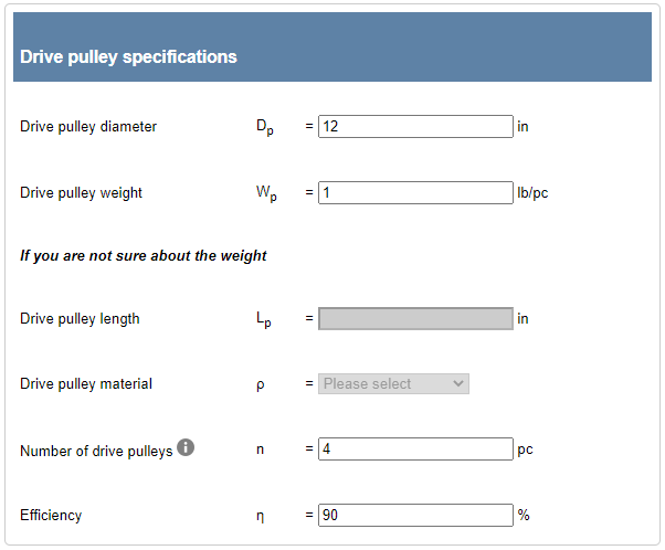 Motor sizing tool - drive pulley specifications