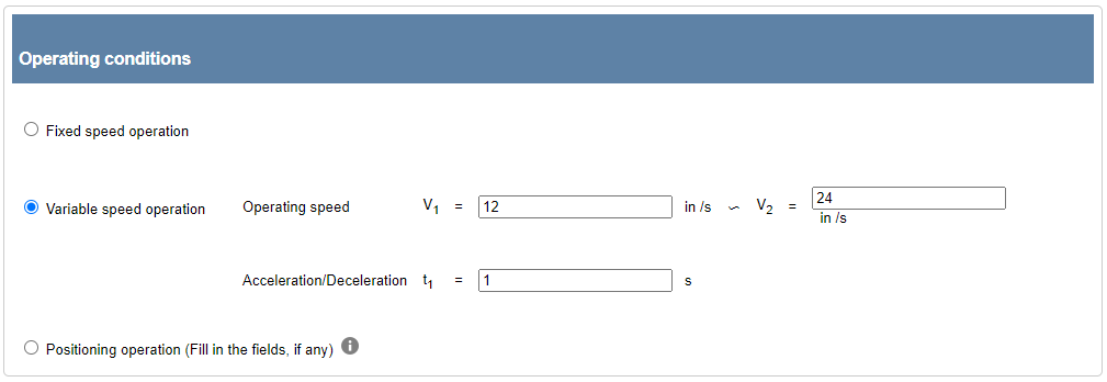 Motor sizing tool - operating conditions