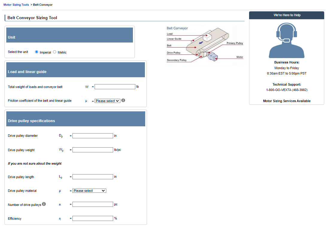 Belt actuator sizing form