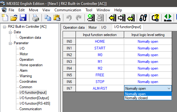 MEXE02 software: I/O function and logic assignments